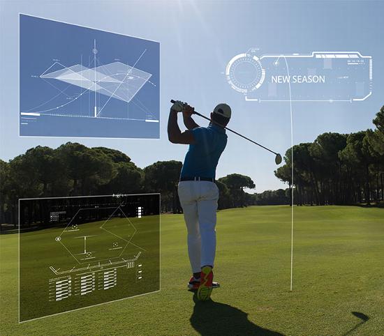 Golfer swinging club with graphs and charts pointing out trajectory and imporovements